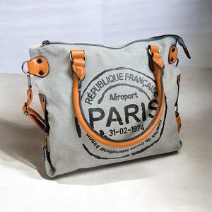 Paris Graphic Canvas Crossbody Bag Gray Cognac Messenger Travel Purse